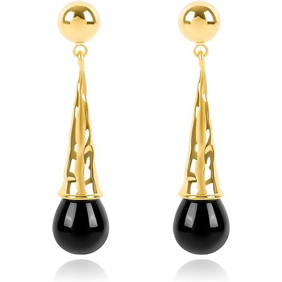 Jewelry - 14K Gold Plated Black Glass Beads Long Dangle Teardrop Earrings for Women